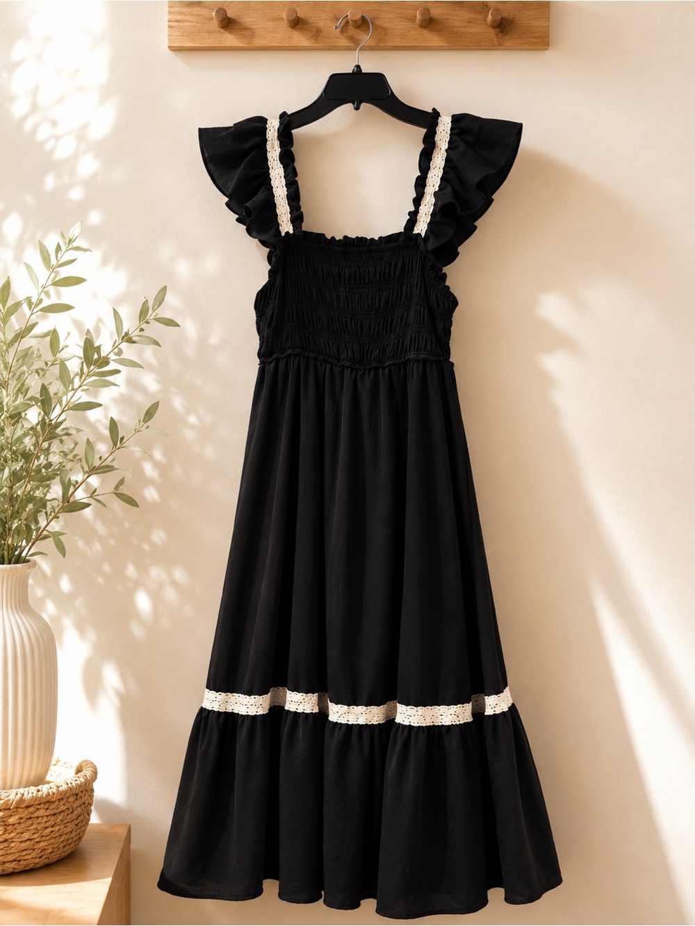 The River Black Maxi Dress Size Small Ruffle Sleeve Lace Trim Boho Style - Picture 3 of 7